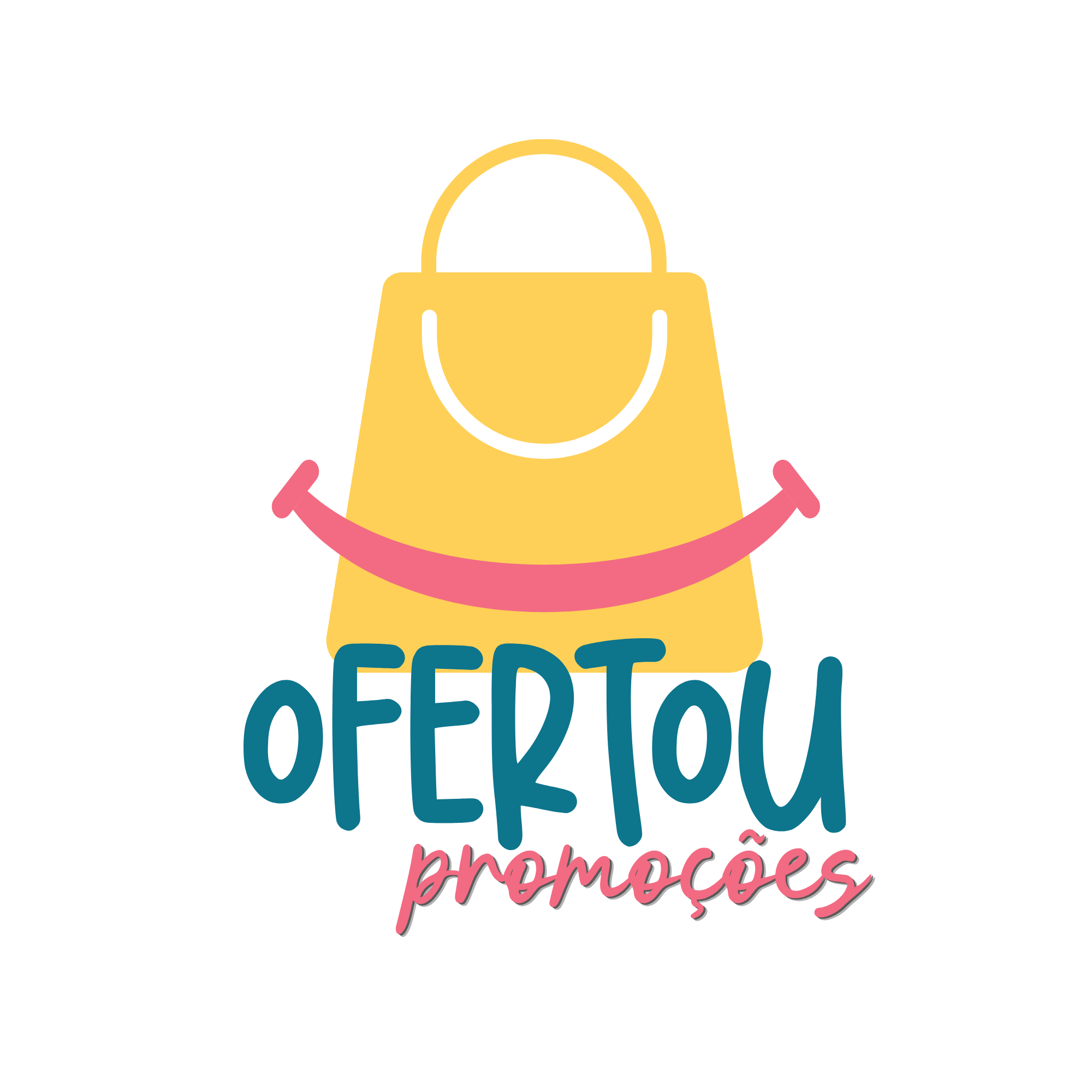Sacola amarela com sorriso, logo Ofertou Promoções